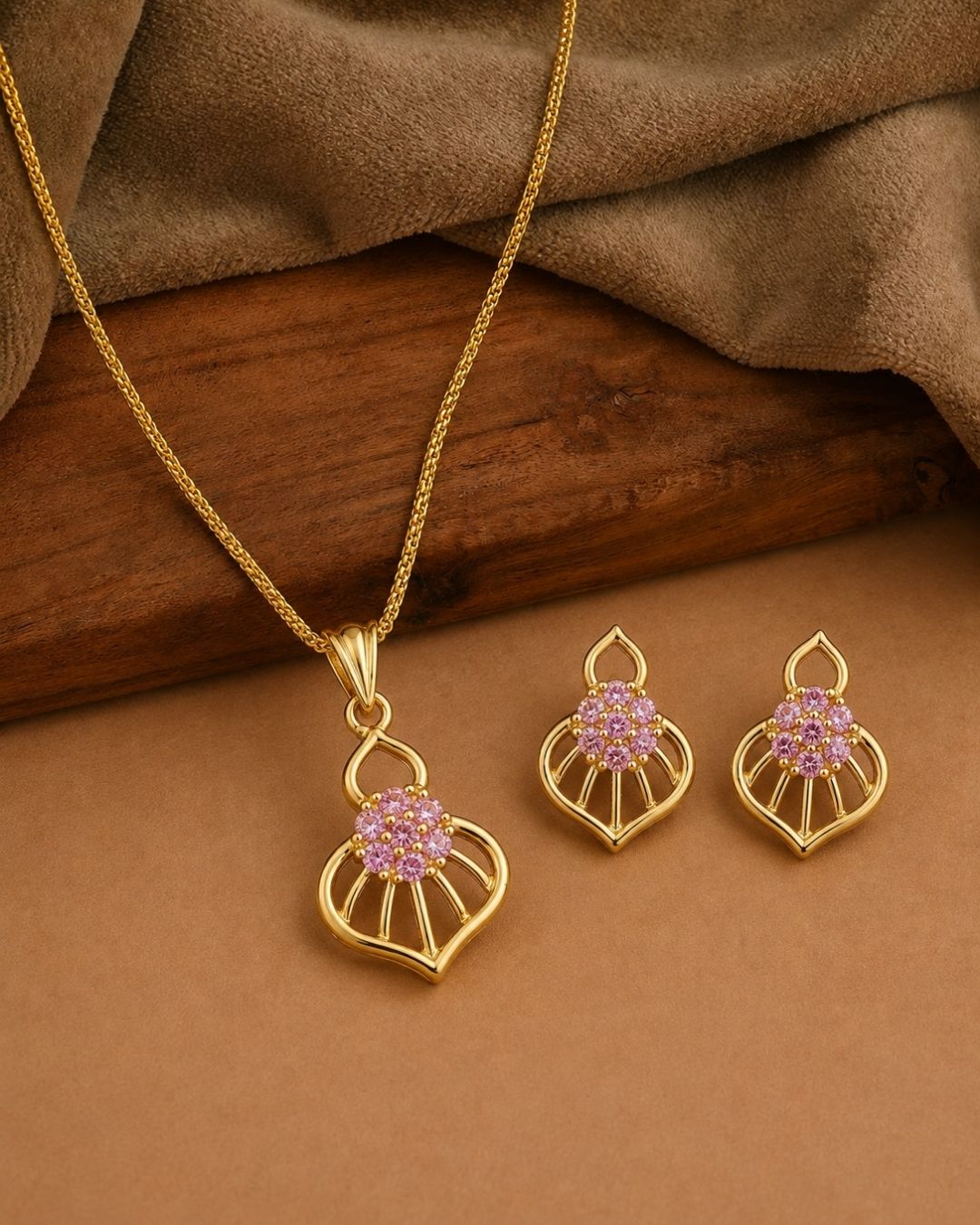 Pink Bloom Gold Finish Wedding Jewellery Pendant Set