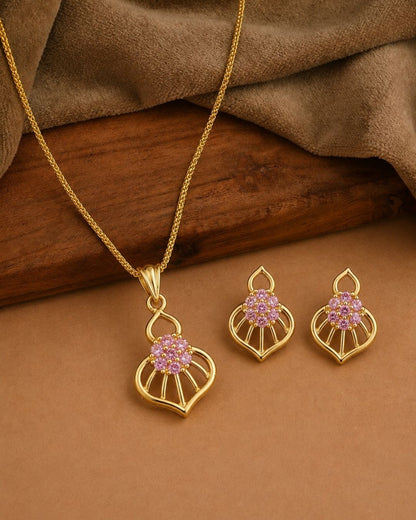 Pink Bloom Gold Finish Wedding Jewellery Pendant Set