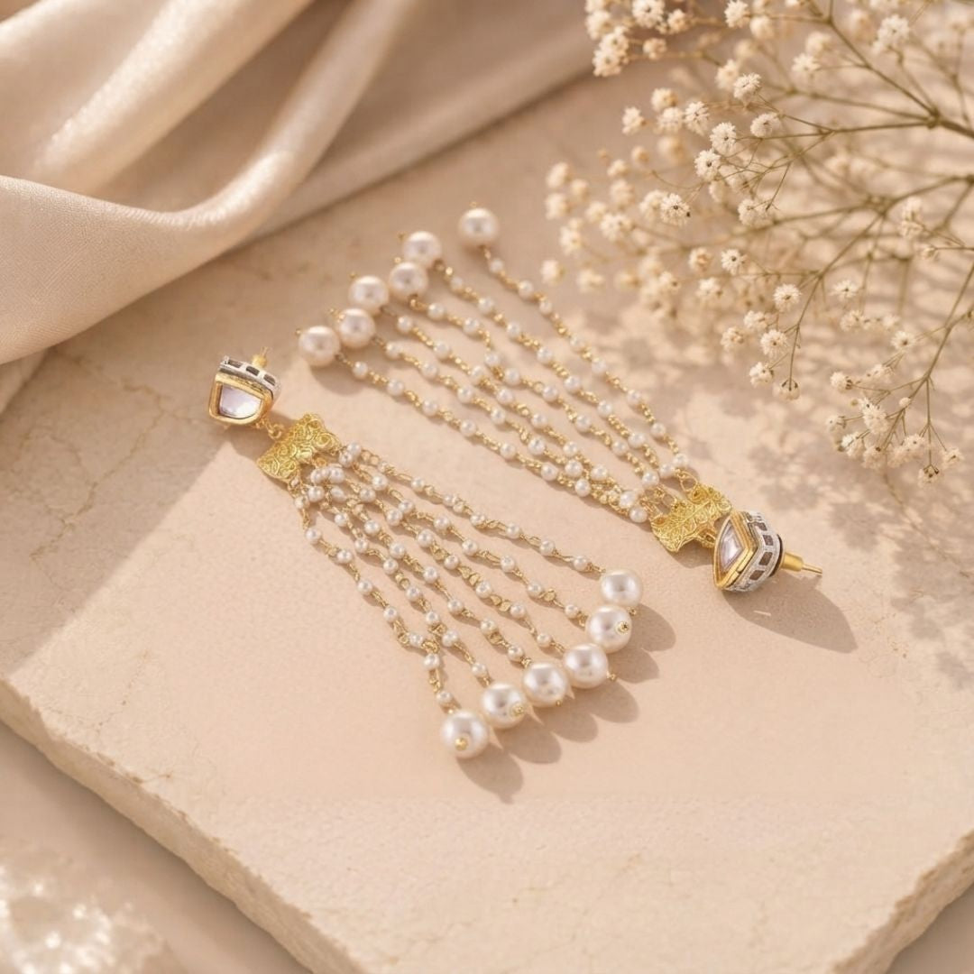 Heart Stud Pearl Chain Tassel Earrings