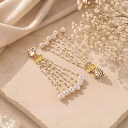 Heart Stud Pearl Chain Tassel Earrings