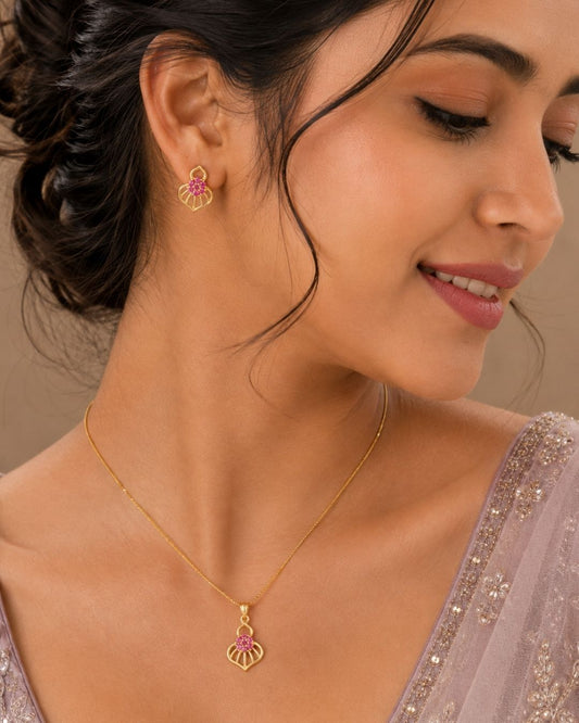 Pink Bloom Gold Finish Wedding Jewellery Pendant Set