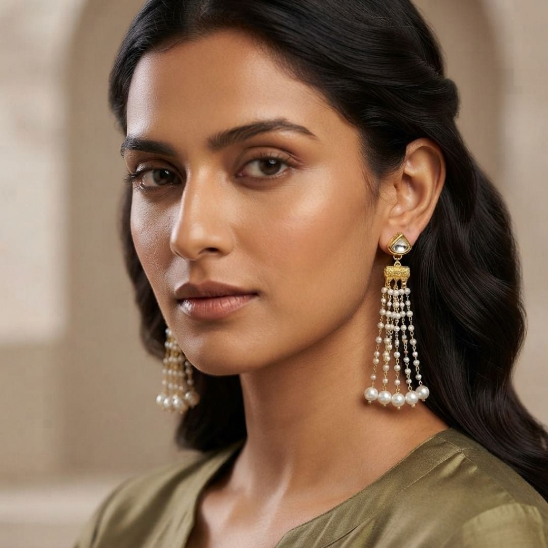 Heart Stud Pearl Chain Tassel Earrings