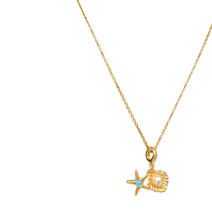 Gold necklace with a starfish Pendant for Women featuring a pearl and blue gemstone on a white background