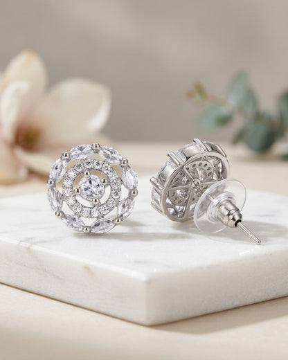 Silver Finish American Diamond Flower AD Stud Earrings for Women