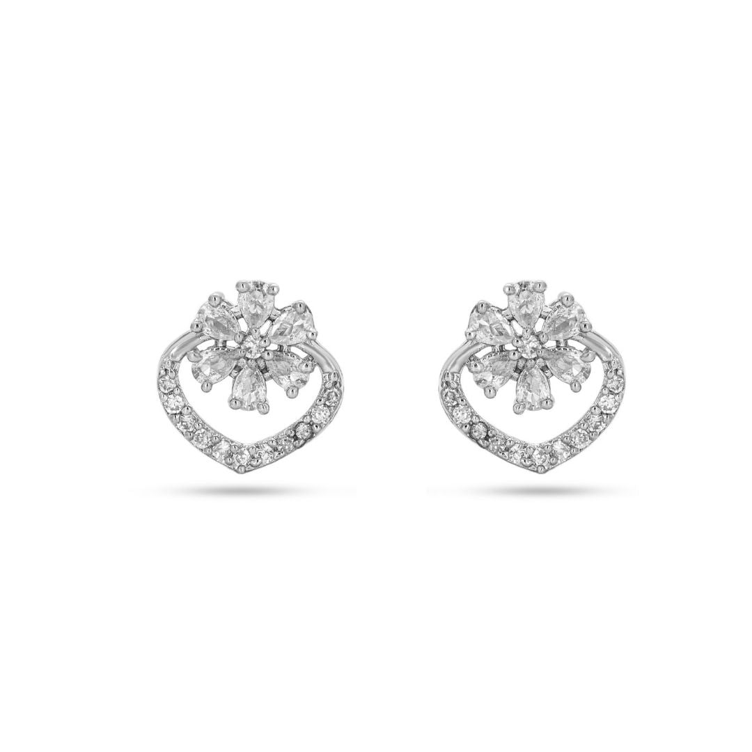 Belaci AD Silver Heart Floral Stud Earrings for Women