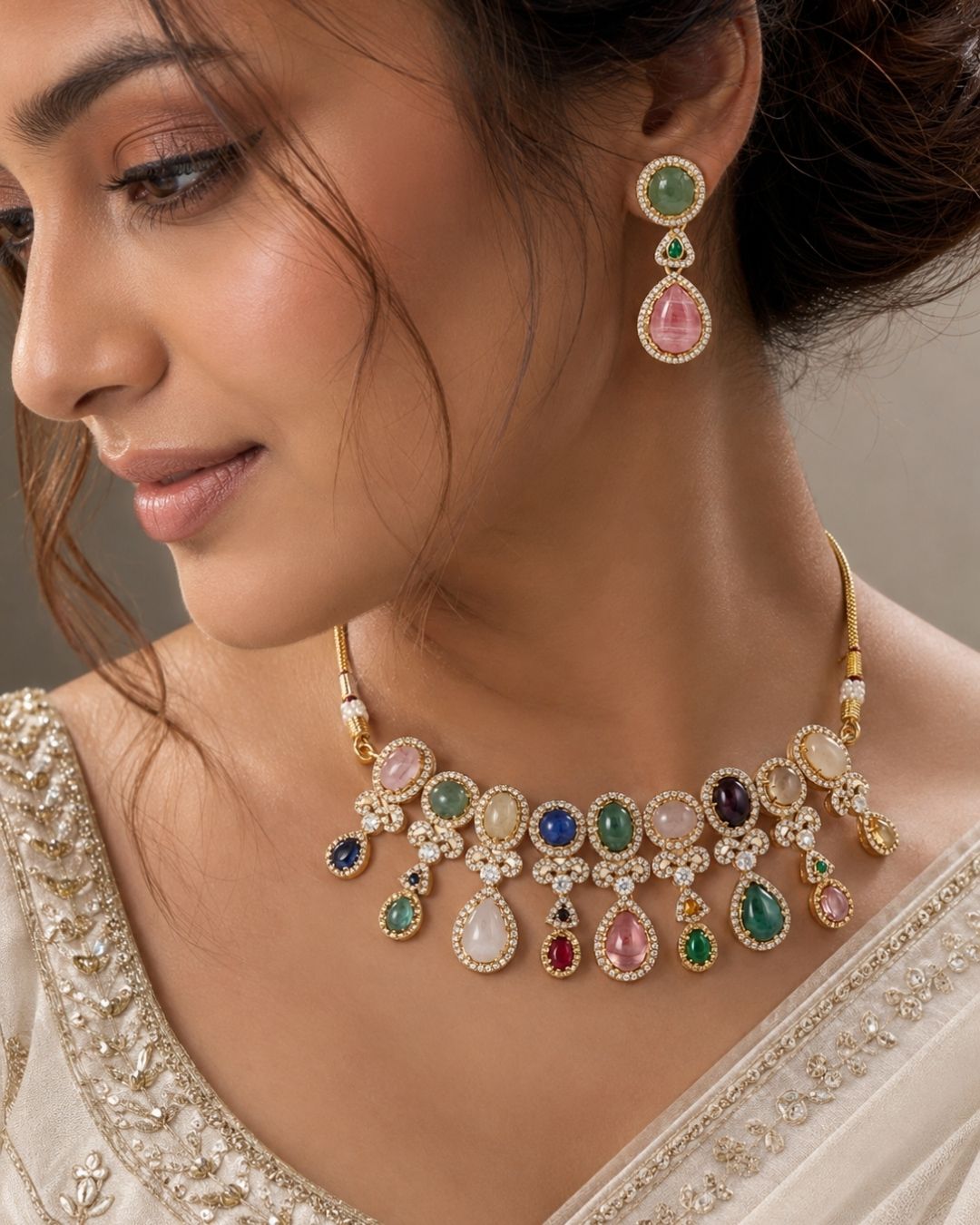 Sabyasachi Inspired Turkish Pota Necklace Set with Pink Statement Drops
