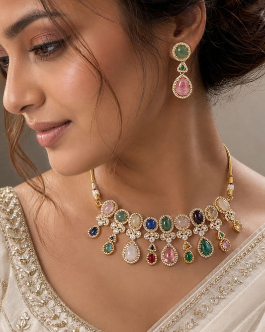 Traditional Beaded Necklace Set with Colourful Stones