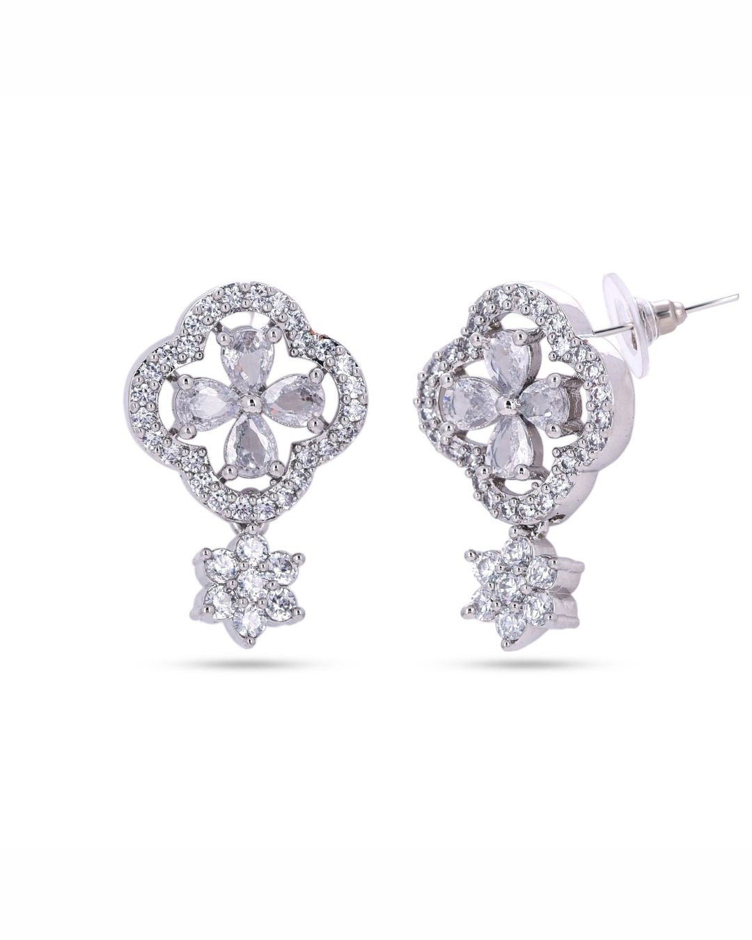Silver Finish American Diamond Floral AD Stud Earrings for Women
