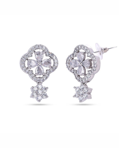 Silver Finish American Diamond Floral AD Stud Earrings for Women