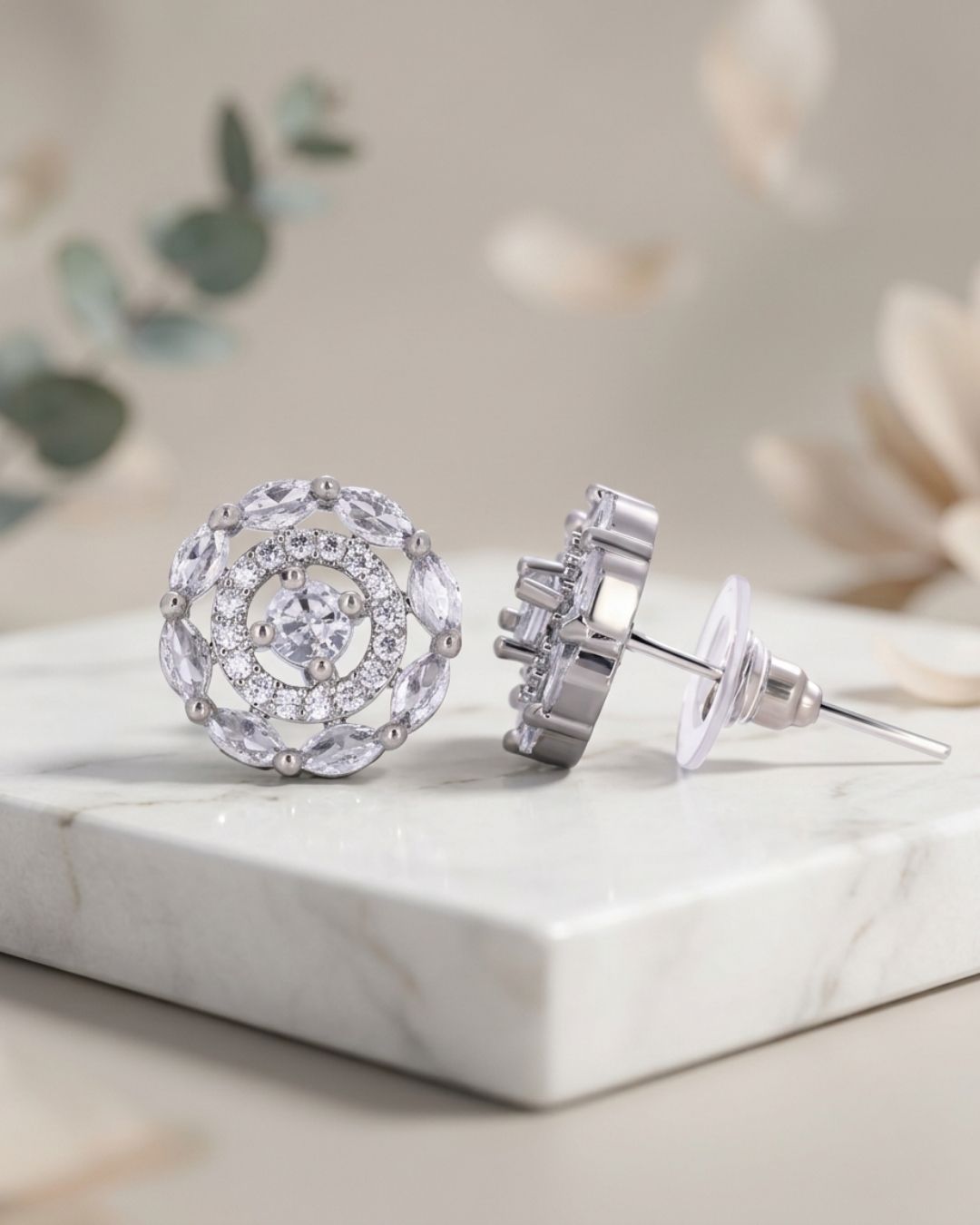 Silver Finish American Diamond Flower AD Stud Earrings for Women
