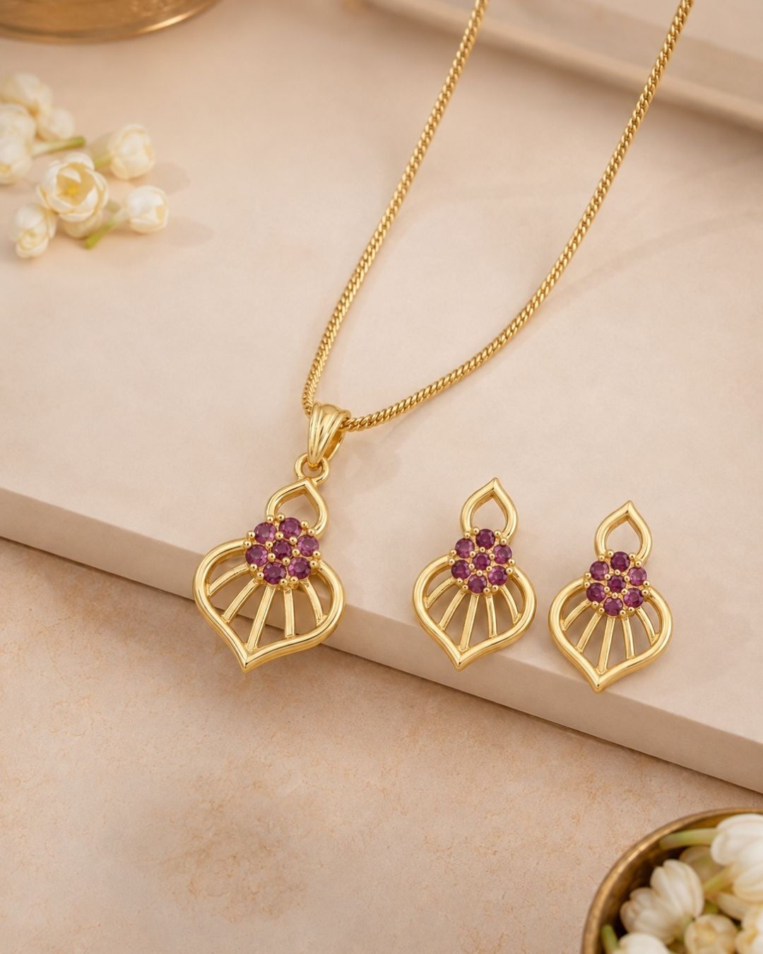Pink Bloom Gold Finish AD Pendant Set