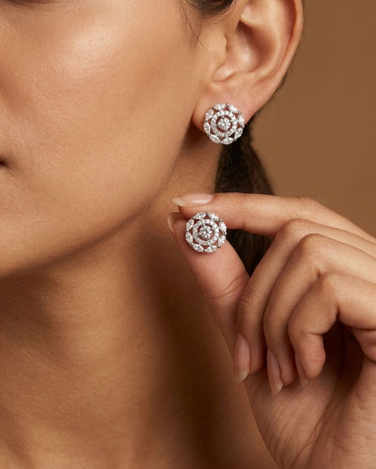 Silver Finish American Diamond Flower AD Stud Earrings for Women