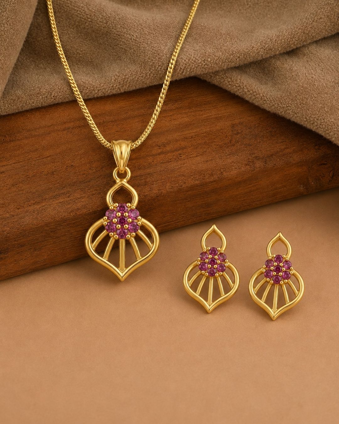 Pink Bloom Gold Finish AD Pendant Set