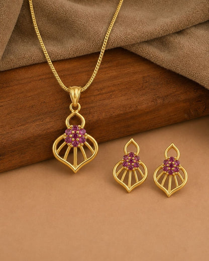Pink Bloom Gold Finish AD Pendant Set