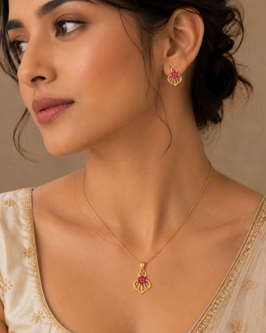 Pink Bloom Gold Finish AD Pendant Set