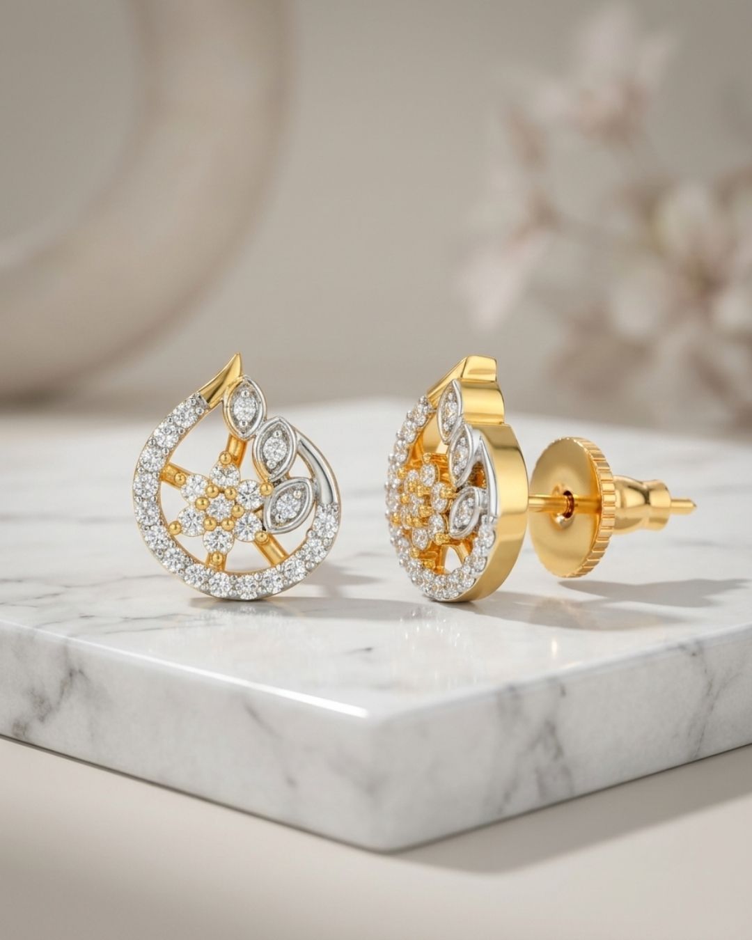 Floral Teardrop AD Stud Earrings