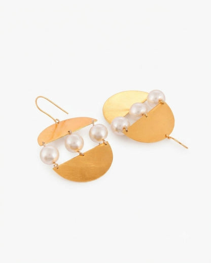 Modern Semi Circle Gold Pearl Drop Earrings