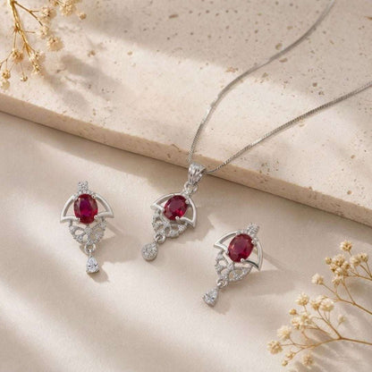 Red Bloom Silver Finish Wedding Jewellery Pendant Set