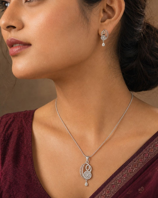 Crescent Spark Silver Finish Office Wear Pendant Set