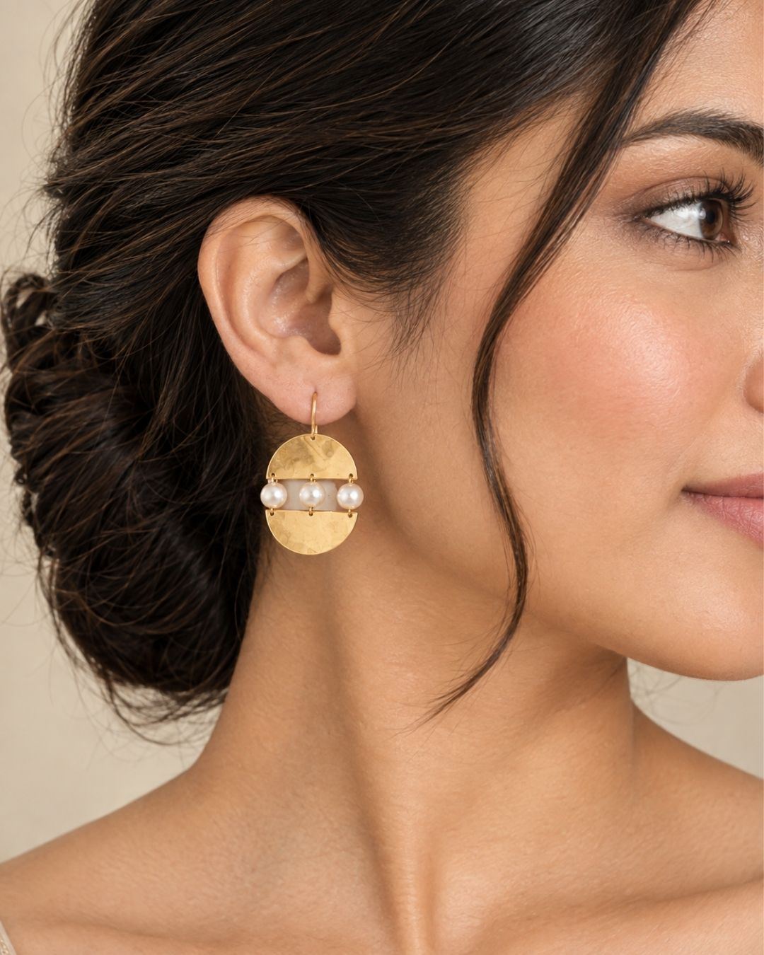 Modern Semi Circle Gold Pearl Drop Earrings