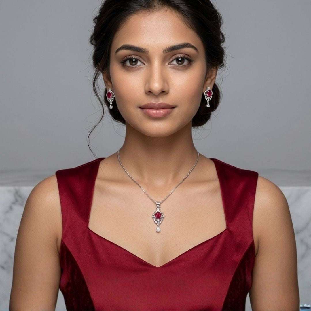 Red Bloom Silver Finish Wedding Jewellery Pendant Set