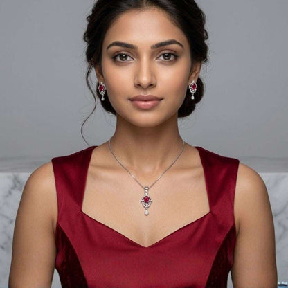 Red Bloom Silver Finish Wedding Jewellery Pendant Set