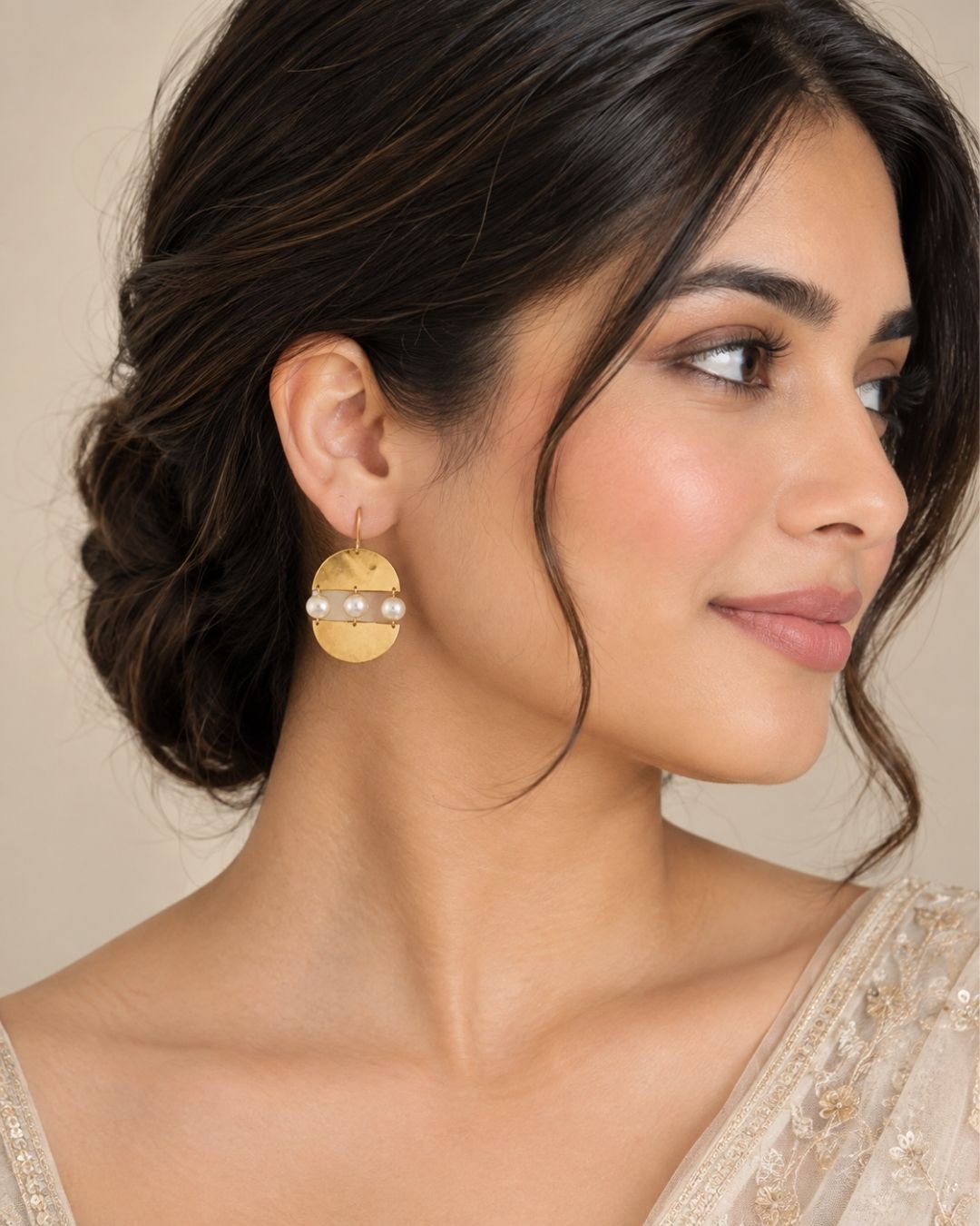 Modern Semi Circle Gold Pearl Drop Earrings