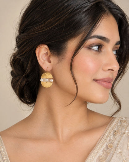 Modern Semi Circle Gold Pearl Drop Earrings
