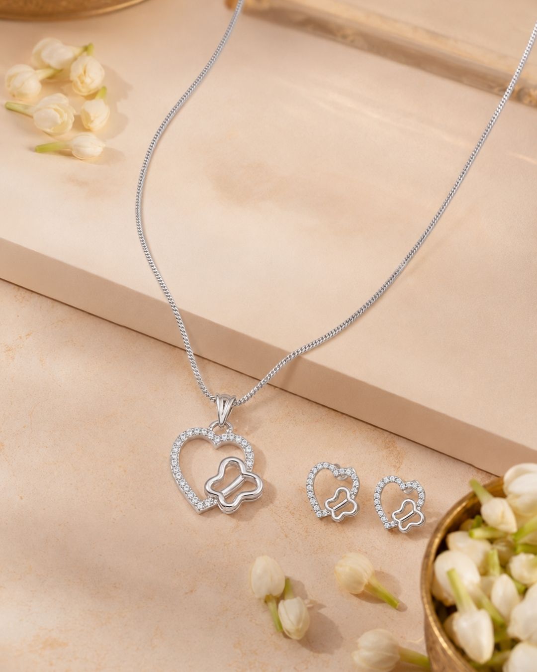Heart & Butterfly Silver Finish Party Wear Pendant Set