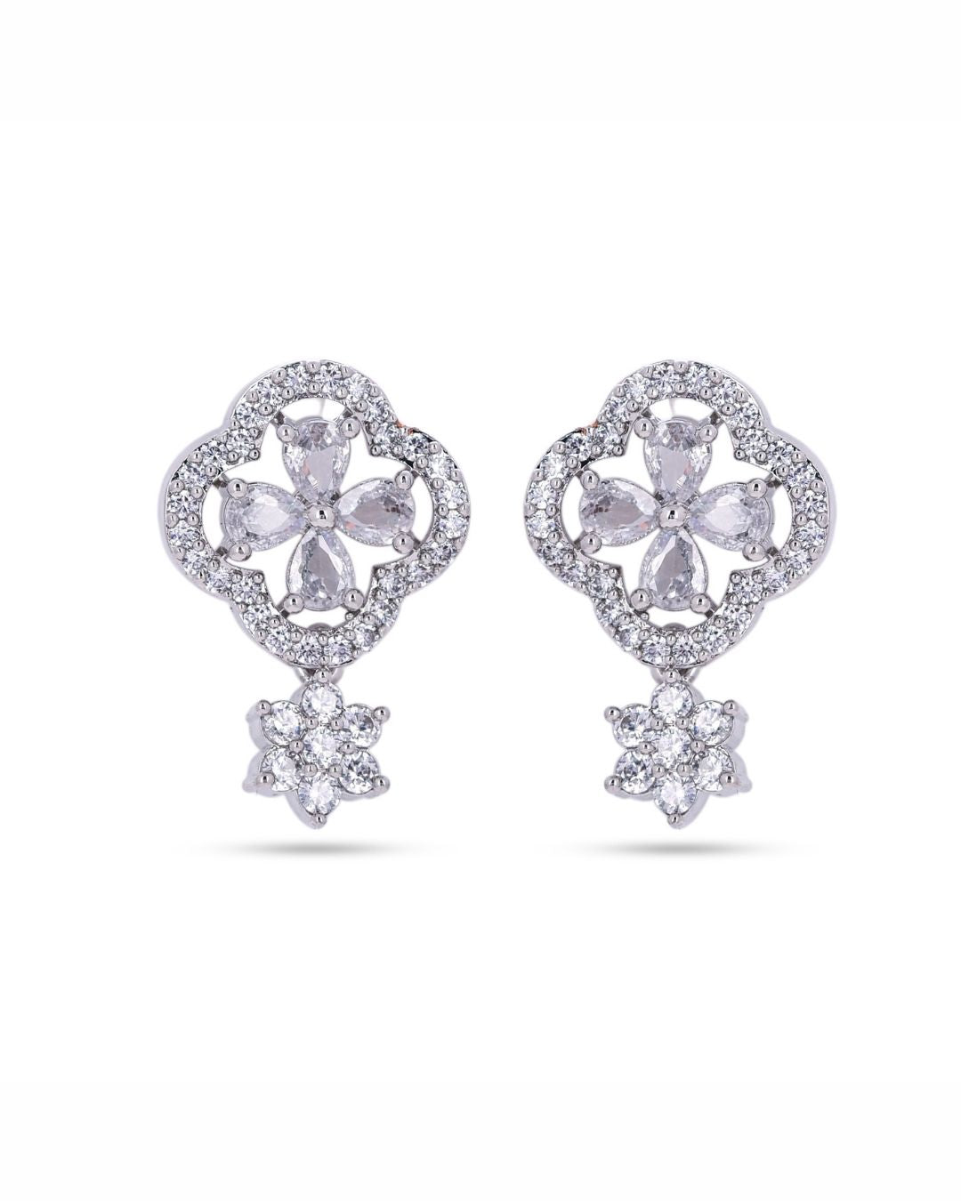 Silver Finish American Diamond Floral AD Stud Earrings for Women