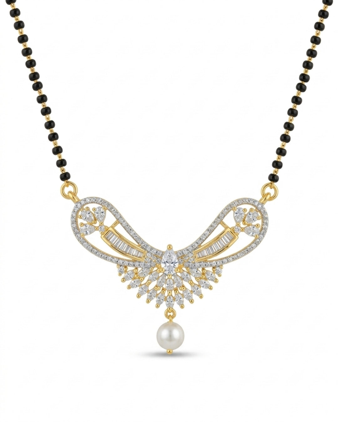 Designer American Diamond Black Beads Mangalsutra with Pearl Drop