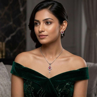 Ruby Elegance Silver Finish AD Pendant Set