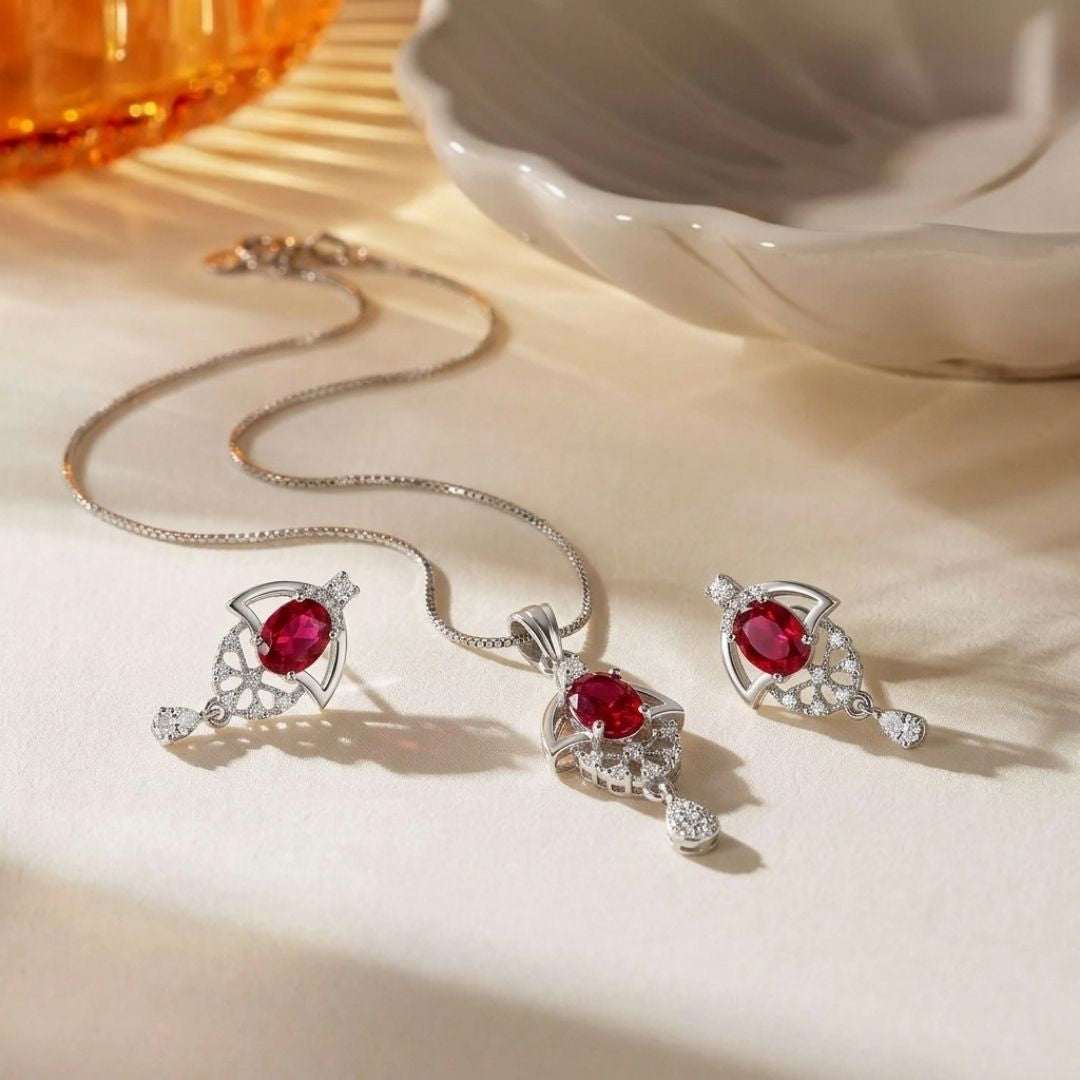 Red Bloom Silver Finish Wedding Jewellery Pendant Set