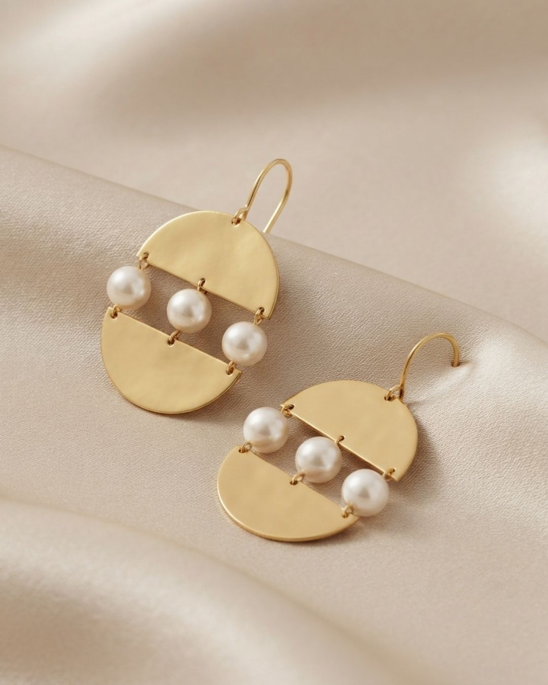 Modern Semi Circle Gold Pearl Drop Earrings