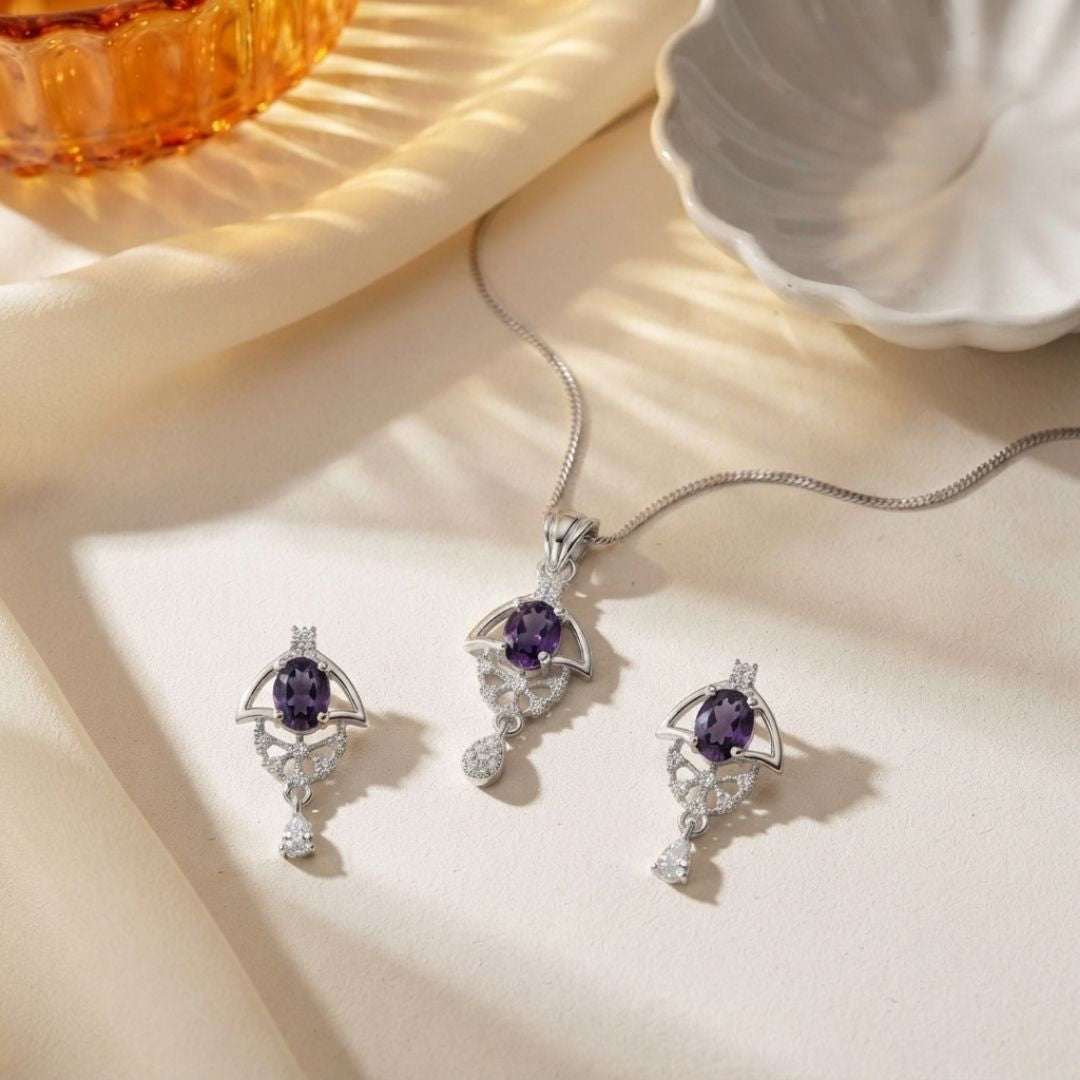 Purple Bloom Silver Finish Wedding Jewellery Pendant Set