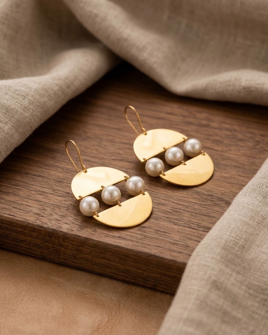 Modern Semi Circle Gold Pearl Drop Earrings