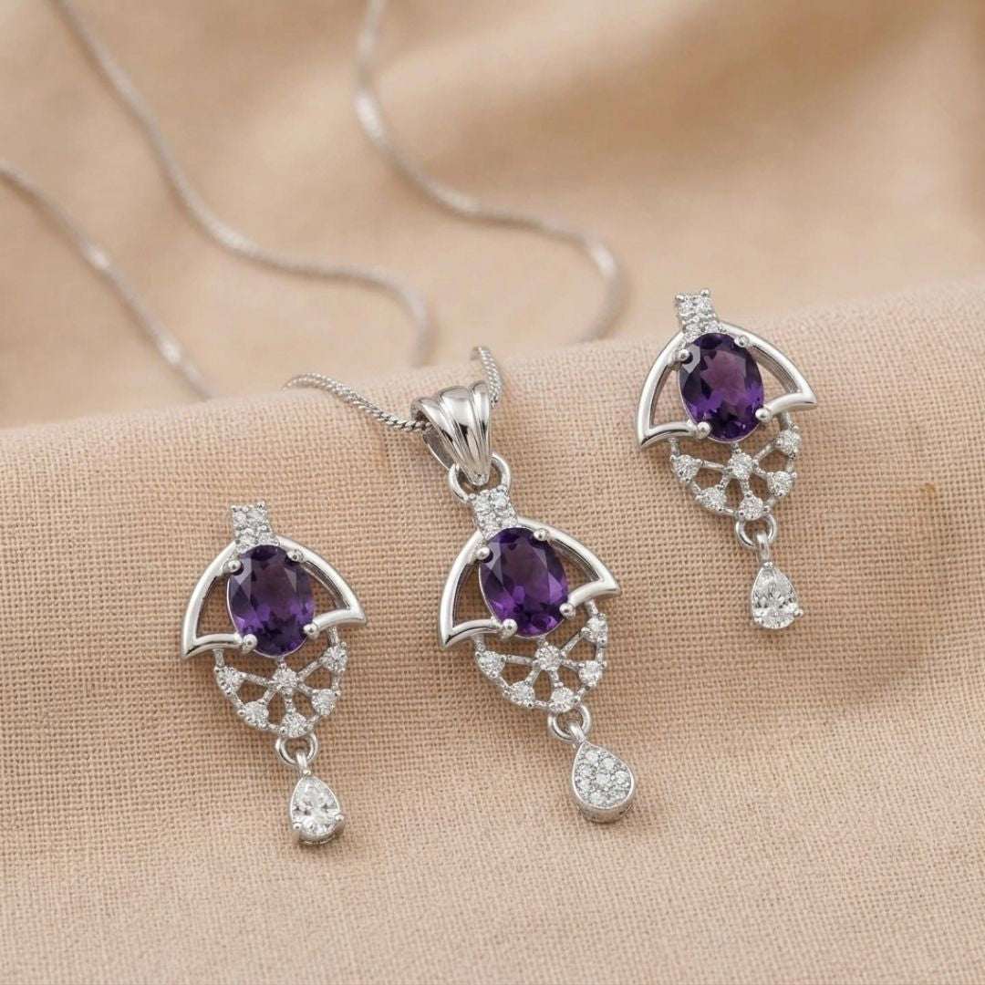 Purple Bloom Silver Finish Wedding Jewellery Pendant Set
