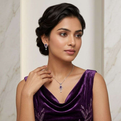 Purple Bloom Silver Finish Wedding Jewellery Pendant Set