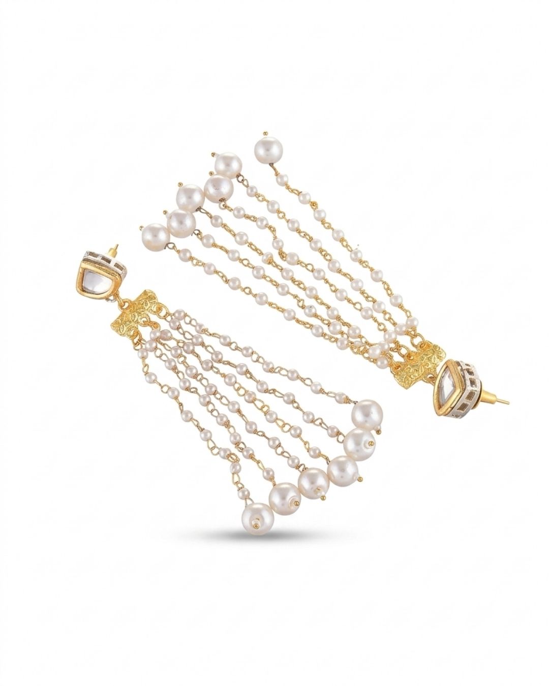 Heart Stud Pearl Chain Tassel Earrings