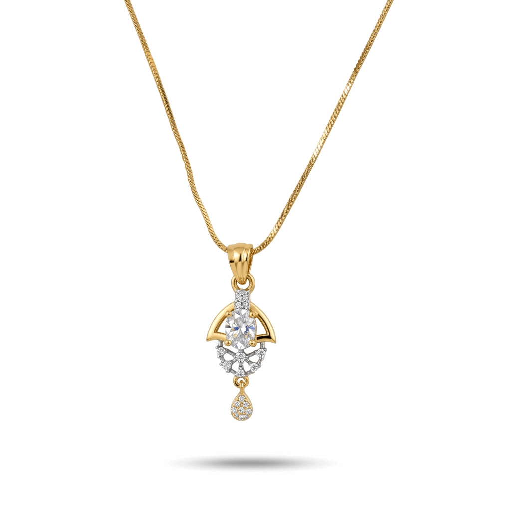 Gold necklace with a diamond pendant on a white background