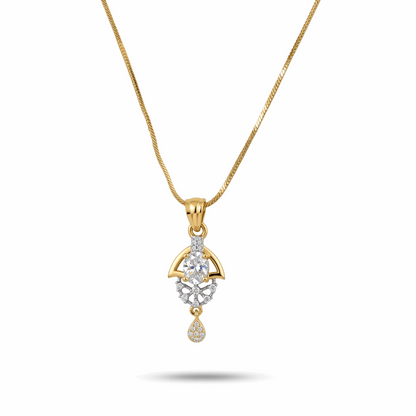 Gold necklace with a diamond pendant on a white background