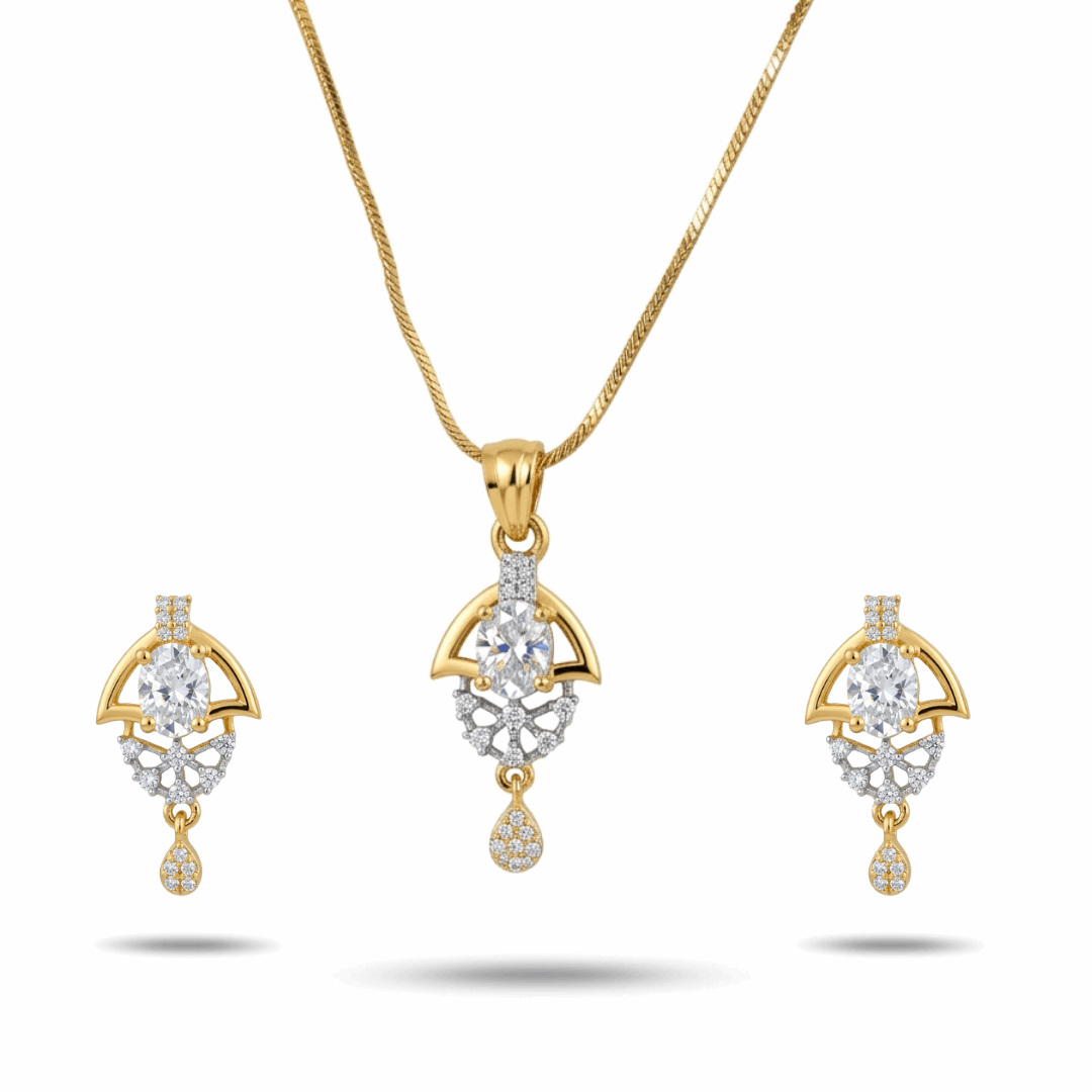 Gold and silver jewelry set with necklace, pendant, and earrings on a white background