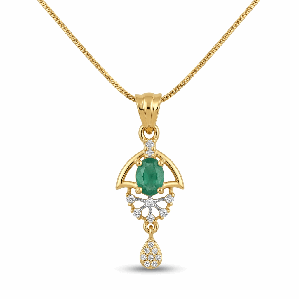 Gold pendant with green gemstone and diamond accents on a white background
