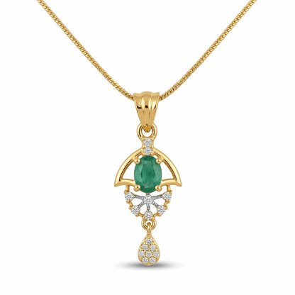 Gold pendant with green gemstone and diamond accents on a white background