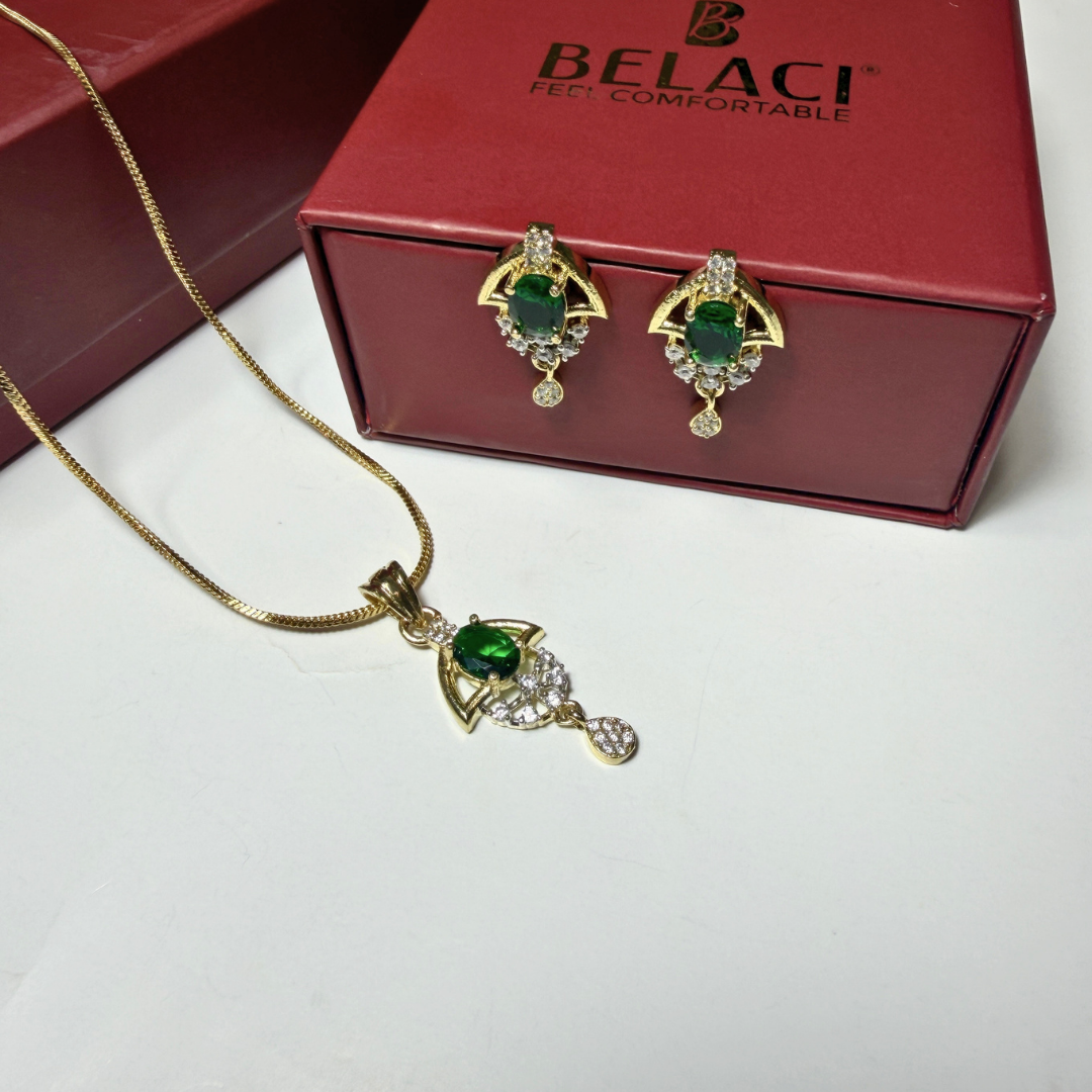 Green Halo Gold Plated Wedding Jewellery Pendant Set
