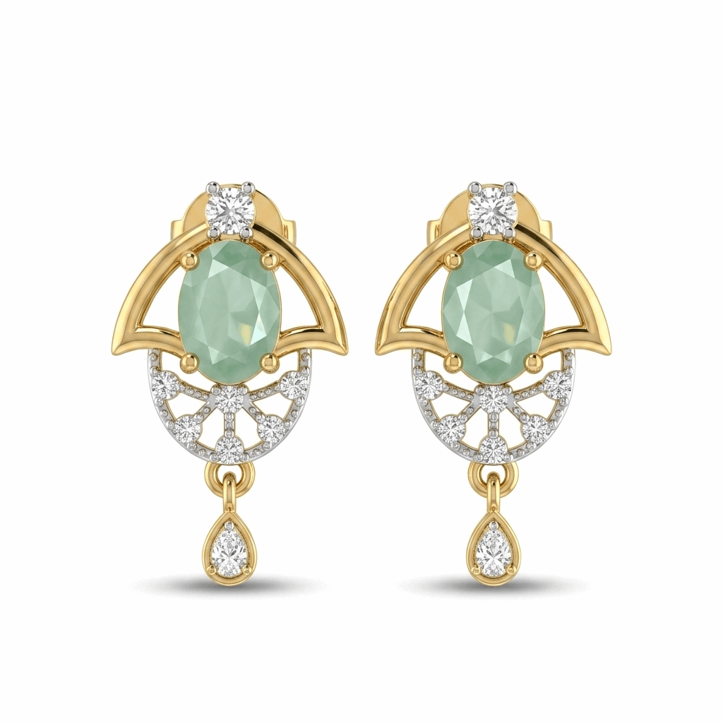 Gold earrings with green gemstones and diamond accents on a white background