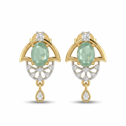 Gold earrings with green gemstones and diamond accents on a white background