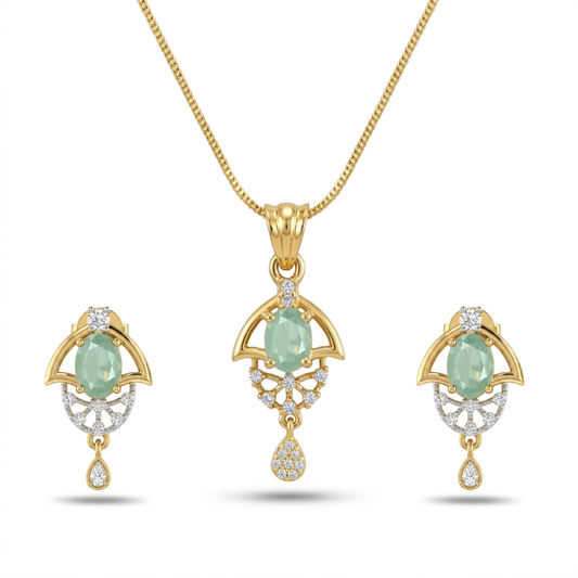 Gold jewelry set with green gemstones on a white background