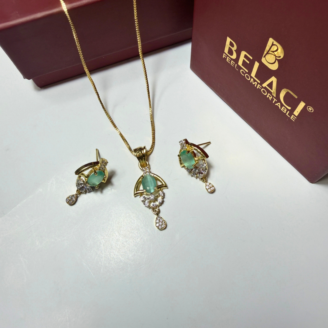 BELACI AD Brass Jewellery – Light Green Stone Pendant Set
