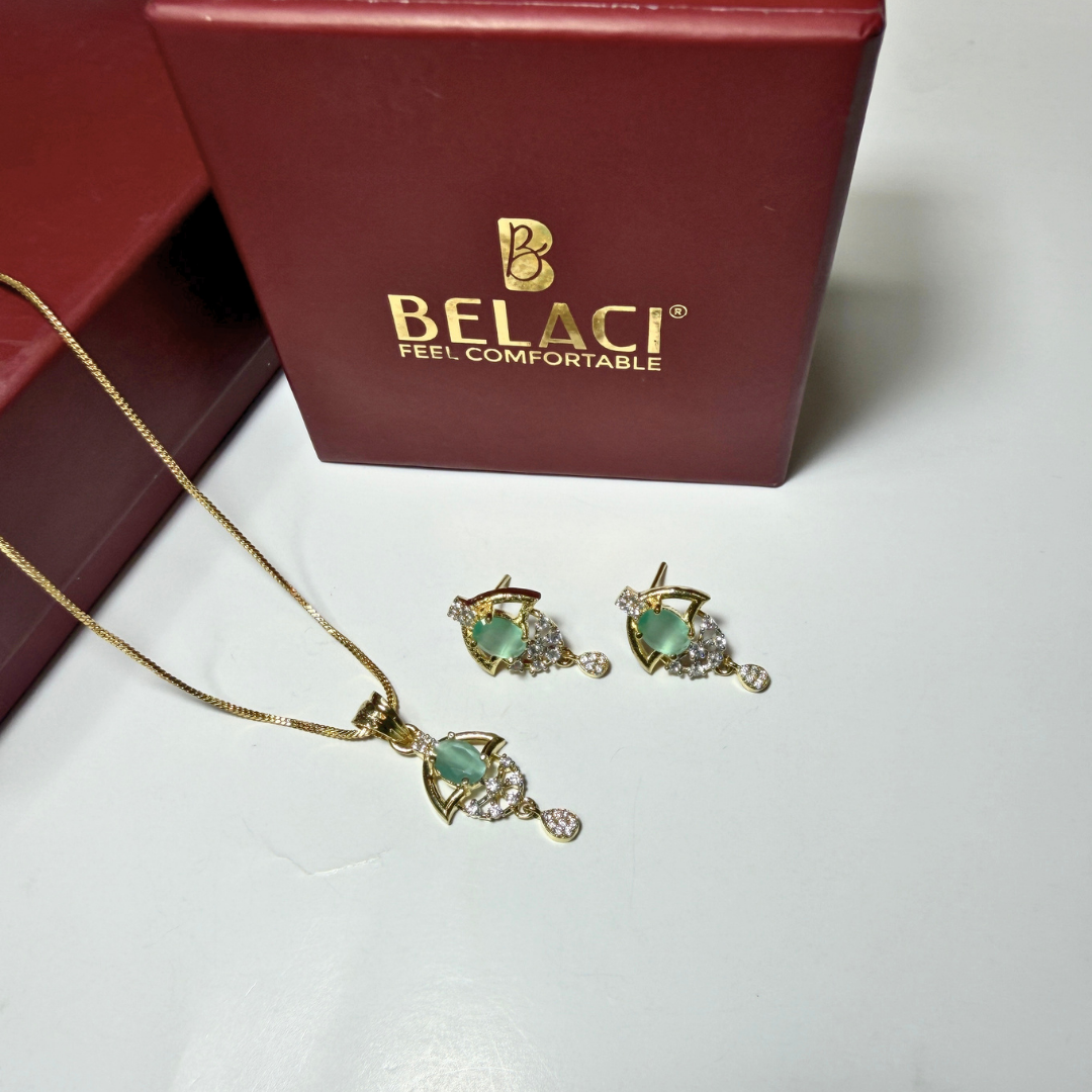 BELACI AD Brass Jewellery – Light Green Stone Pendant Set